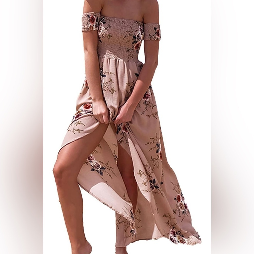 Floral On Off-Shoulder Boho Chiffon Maxi Dress Size S Tan Slit Split Front NWOT - Picture 1 of 12